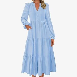 Long Sleeve A-Line Boho Maxi Dress with Pockets | Light Blue | Ladies Small
